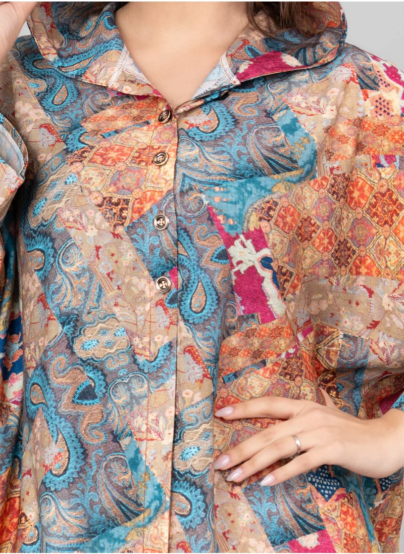 IKKXA Pattern Printed Hooded Jalabiya IK1020 Blue