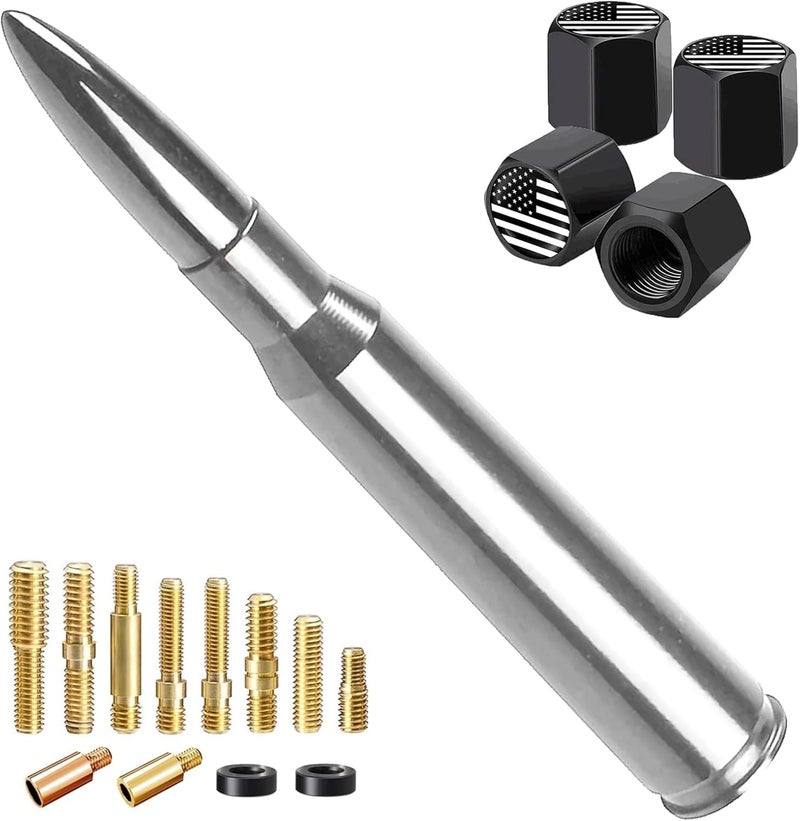 HVSTTPK Truck Car Bullet Antenna with Valve Stem Caps Mast for GM Chevy Silverado 1500 2500 3500 HD Ford F150 F250 F350 Denali Heavy Pickup Jeep Truck Accessories (Chrome)-Car wash Safe - Image 1