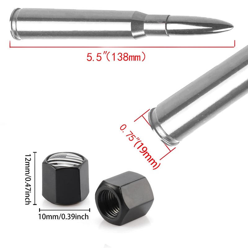 HVSTTPK Truck Car Bullet Antenna with Valve Stem Caps Mast for GM Chevy Silverado 1500 2500 3500 HD Ford F150 F250 F350 Denali Heavy Pickup Jeep Truck Accessories (Chrome)-Car wash Safe - Image 4