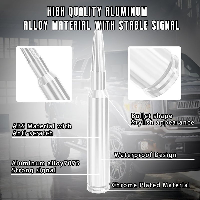 HVSTTPK Truck Car Bullet Antenna with Valve Stem Caps Mast for GM Chevy Silverado 1500 2500 3500 HD Ford F150 F250 F350 Denali Heavy Pickup Jeep Truck Accessories (Chrome)-Car wash Safe - Image 2