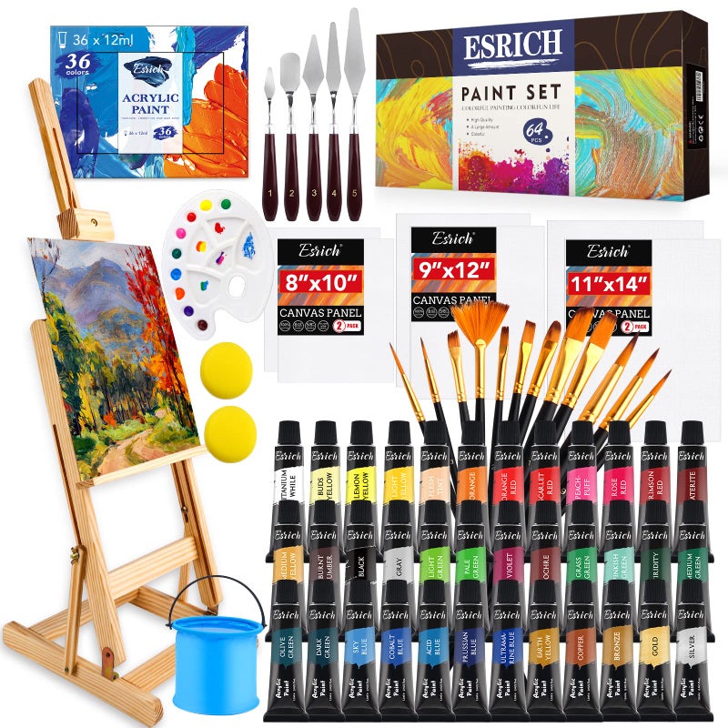 ESRICH Acrylic Paint Set, 64PCS Painting Supplies with Wooden Easel, Brushes, 36 Colors Acrylic Paint, Canvases, Palette, Paints Knives Etc, Painting Kit for Adults, Students, Hobbyists, Beginners - Image 1