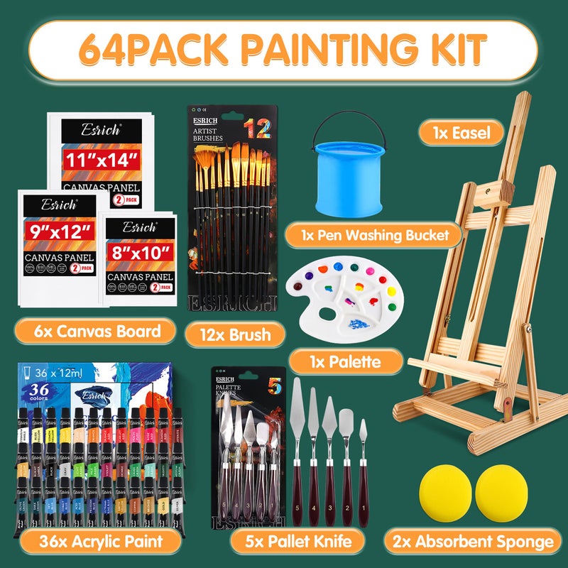ESRICH Acrylic Paint Set, 64PCS Painting Supplies with Wooden Easel, Brushes, 36 Colors Acrylic Paint, Canvases, Palette, Paints Knives Etc, Painting Kit for Adults, Students, Hobbyists, Beginners - Image 2