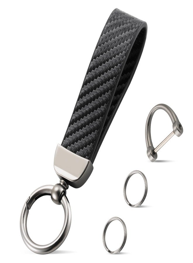JUSTTOP Leather Keychain, Carbon Fiber Car Key Chain with Anti-Lost D-Ring and 2 Key Ring, Car Accessories (Black) - Image 1