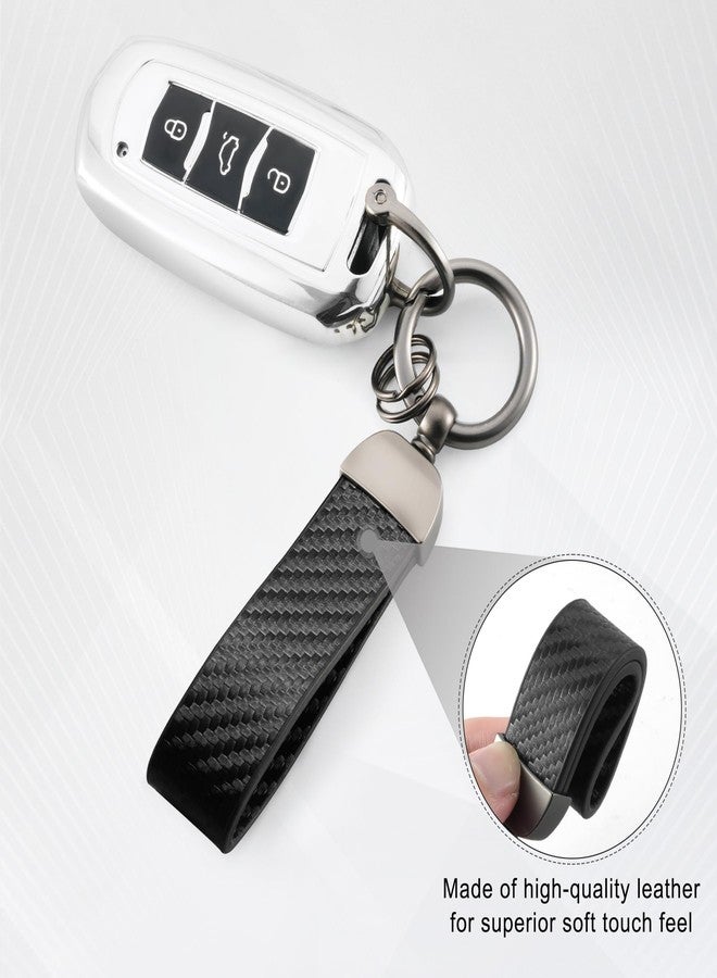 JUSTTOP Leather Keychain, Carbon Fiber Car Key Chain with Anti-Lost D-Ring and 2 Key Ring, Car Accessories (Black) - Image 3
