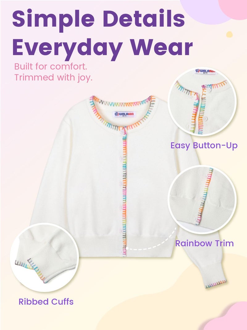 WELAKEN Girls Knit Cardigan â€“ Soft Lightweight Sweater with Rainbow Trim for School or Layering, Beige, 6-7Y - Image 5
