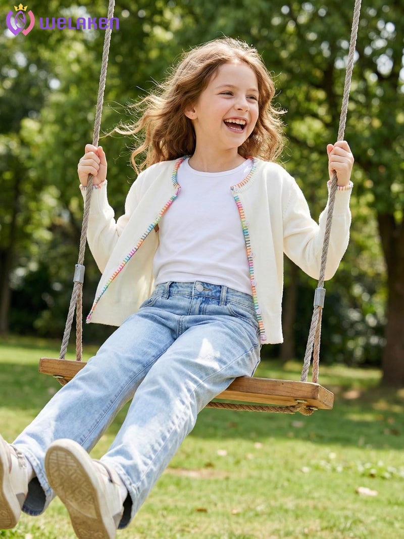 WELAKEN Girls Knit Cardigan â€“ Soft Lightweight Sweater with Rainbow Trim for School or Layering, Beige, 6-7Y - Image 3