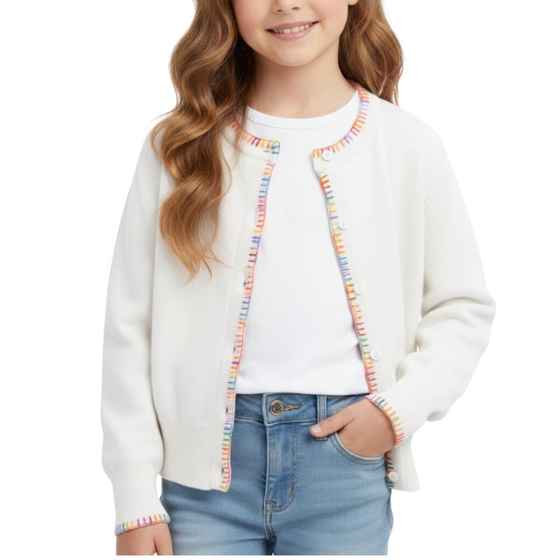 WELAKEN Girls Knit Cardigan â€“ Soft Lightweight Sweater with Rainbow Trim for School or Layering, Beige, 6-7Y - Image 1