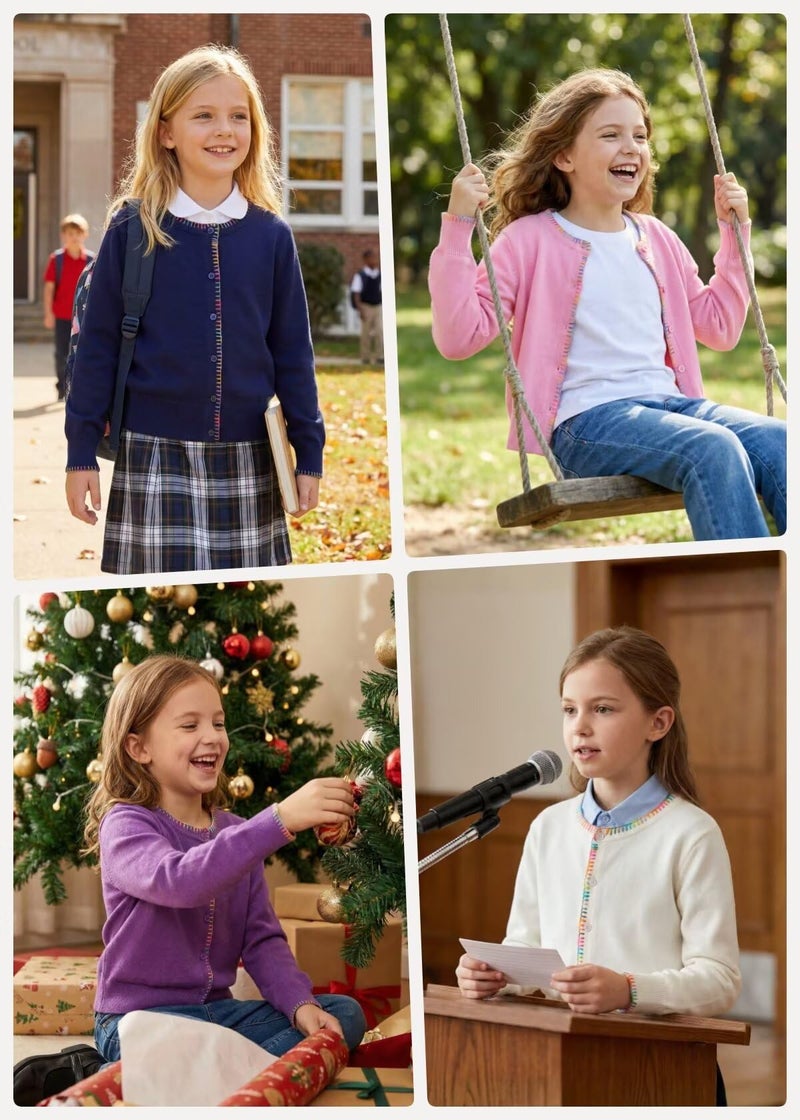 WELAKEN Girls Knit Cardigan â€“ Soft Lightweight Sweater with Rainbow Trim for School or Layering, Beige, 6-7Y - Image 4