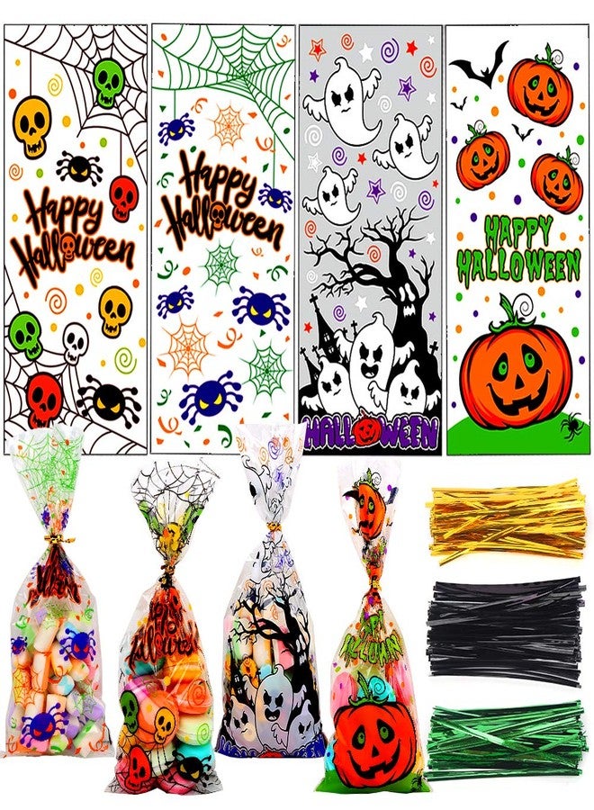 LOKIPA 200 Pcs Halloween Cellophane Candy Treat Bags with Twist Ties for Halloween Trick or Treat Party Favors - Image 1