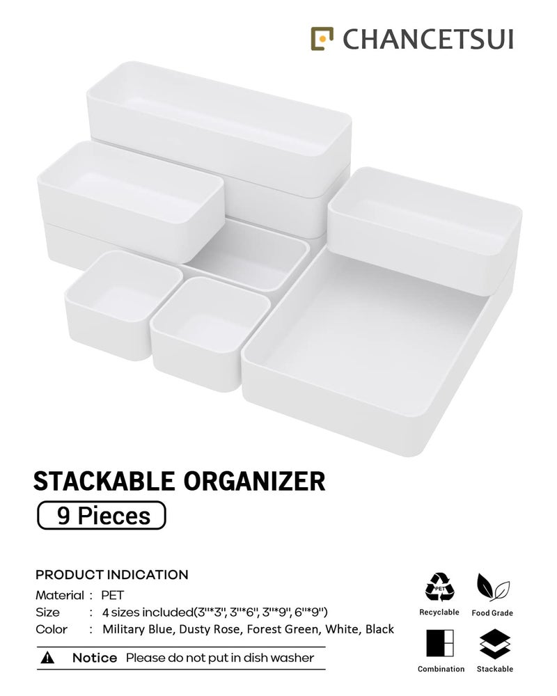 CHANCETSUI 9 Pcs Stackable Drawer Organizer Trays Set  Multifunctional Stackable Storage Trays For Vanity  Bathroom  Kitchen  Desk Drawer Organizer Office. Plastic Drawer Organizers Available In 5 Colours  White - Image 3
