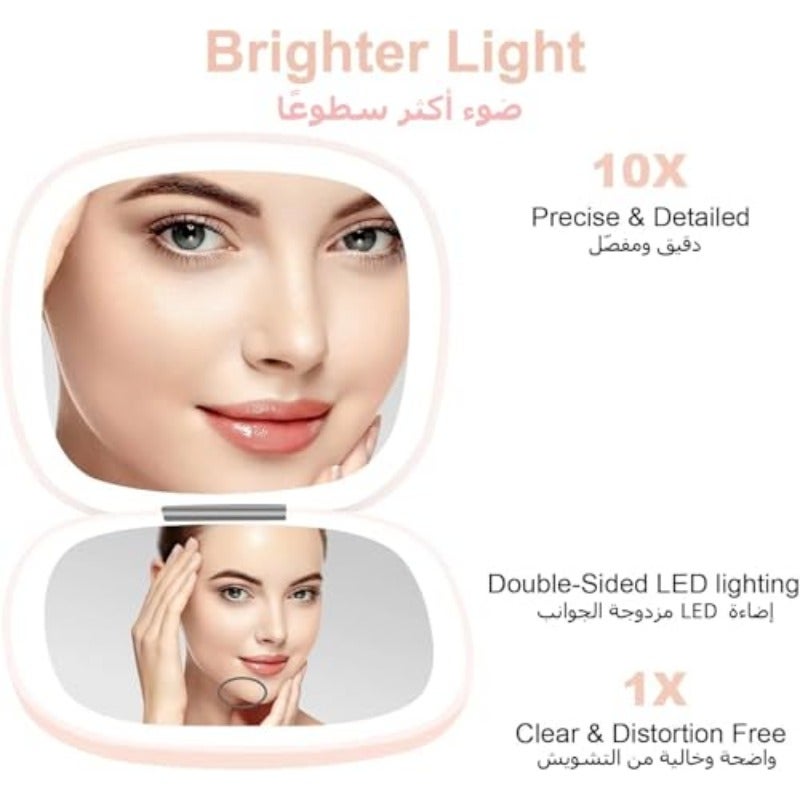 مرآة جيب قابلة لإعادة الشحن ذات تكبير 1X و10X مرآة مكياج مضاءة LED صغيرة مدمجة للسفر مع وضع إضاءة بثلاثة ألوان مرايا محفظة مزدوجة قابلة للطي محمولة صغيرة يدويّة وردية - Image 3
