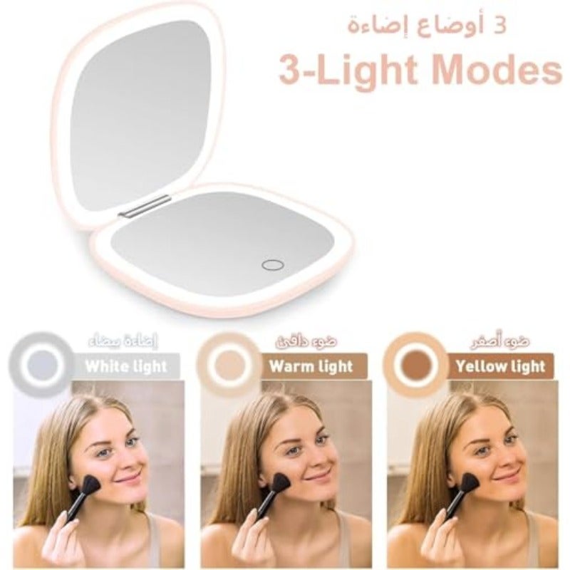 مرآة جيب قابلة لإعادة الشحن ذات تكبير 1X و10X مرآة مكياج مضاءة LED صغيرة مدمجة للسفر مع وضع إضاءة بثلاثة ألوان مرايا محفظة مزدوجة قابلة للطي محمولة صغيرة يدويّة وردية - Image 4