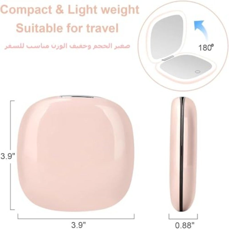 مرآة جيب قابلة لإعادة الشحن ذات تكبير 1X و10X مرآة مكياج مضاءة LED صغيرة مدمجة للسفر مع وضع إضاءة بثلاثة ألوان مرايا محفظة مزدوجة قابلة للطي محمولة صغيرة يدويّة وردية - Image 2