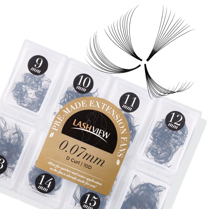 LASHVIEW 1000 Premade Volume Eyelash Extensions Mixed Tray 10D D Curl Premade Lash Fans Pointed Handmade Thin Base (10D-0.07D,9-16mm) - Image 1