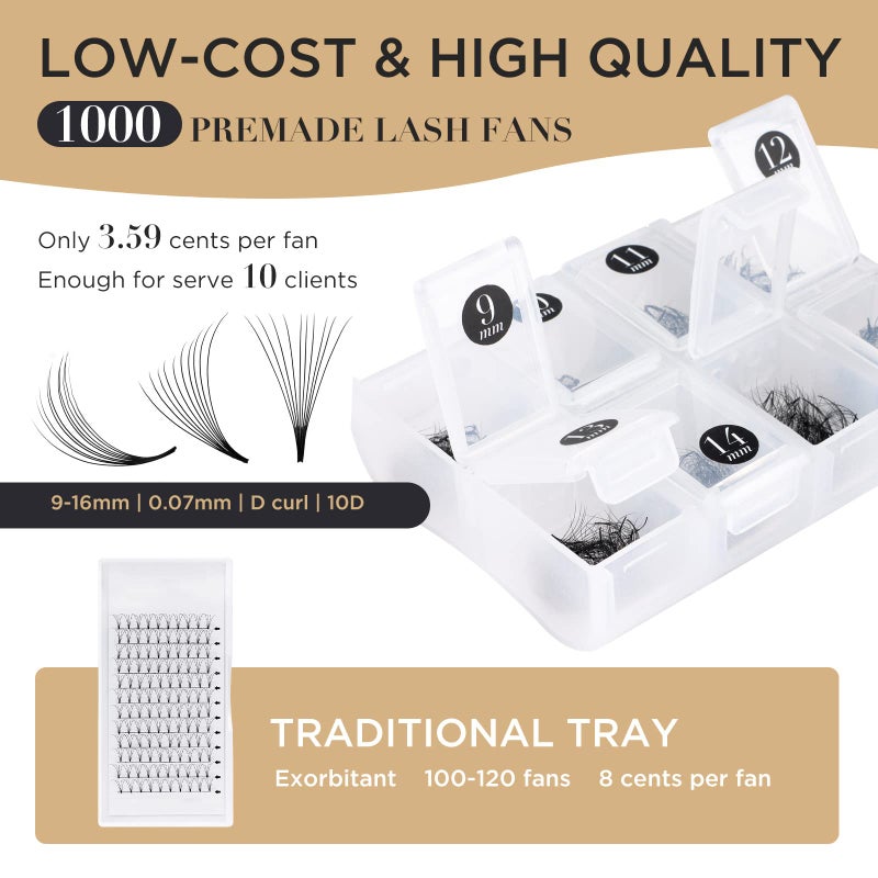 LASHVIEW 1000 Premade Volume Eyelash Extensions Mixed Tray 10D D Curl Premade Lash Fans Pointed Handmade Thin Base (10D-0.07D,9-16mm) - Image 2