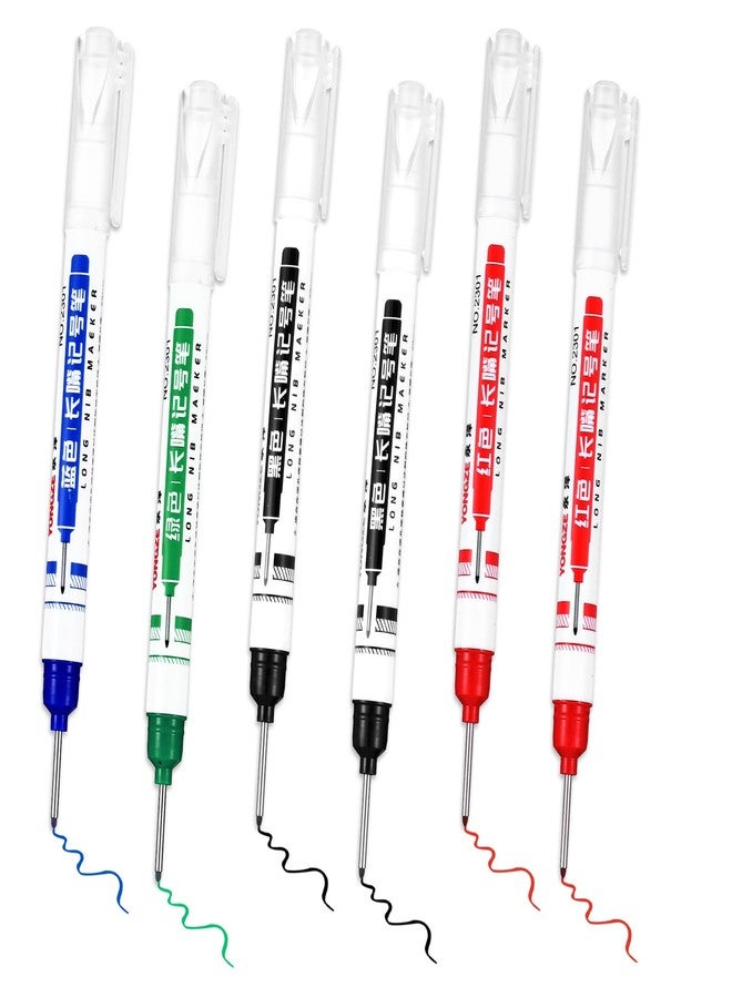 Gjinxi 6 قطع أقلام تحديد متعددة الأغراض ذات ثقوب عميقة، أقلام تحديد طويلة ذات رأس حفر طويل 20 مم، أقلام ملونة سريعة الجفاف ومقاومة للماء للنجار للبناء والحمام والنجارة (أحمر وأسود وأزرق وأخضر) - Image 1