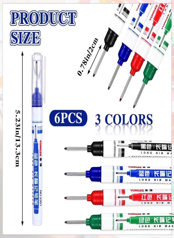 Gjinxi 6 قطع أقلام تحديد متعددة الأغراض ذات ثقوب عميقة، أقلام تحديد طويلة ذات رأس حفر طويل 20 مم، أقلام ملونة سريعة الجفاف ومقاومة للماء للنجار للبناء والحمام والنجارة (أحمر وأسود وأزرق وأخضر) - Image 2