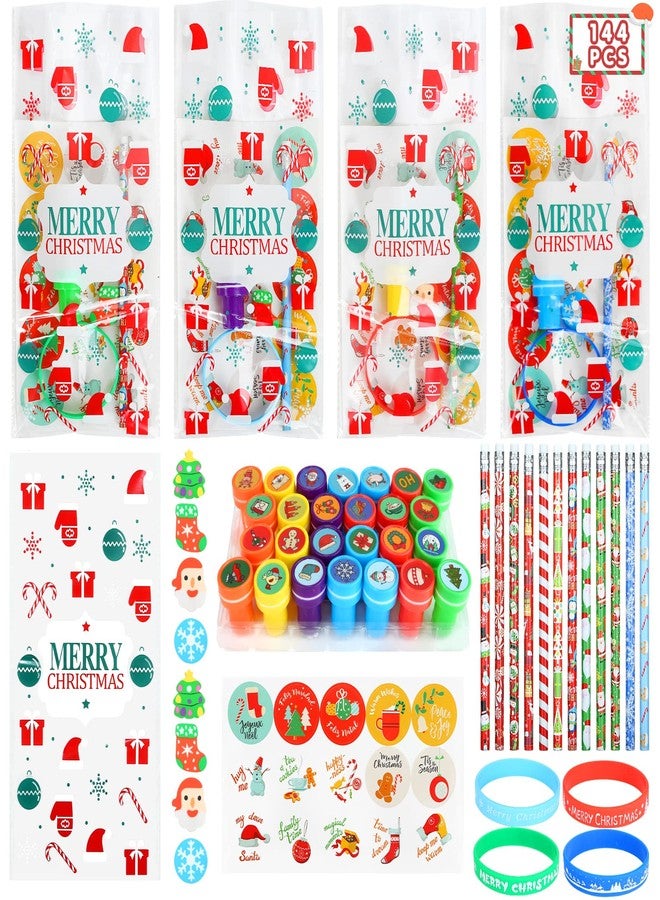 Kesote Christmas Stocking Stuffers Party Favors Stationery for Kids, 144pcs 24 Pack Christmas Goodie Bag Fillers Including Pencils, Wristbands, Stickers, Stamps and Erasers in Treat Bags - Image 1