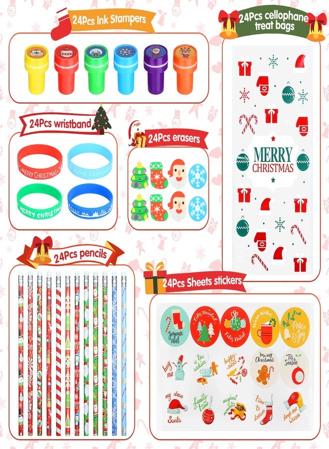 Kesote Christmas Stocking Stuffers Party Favors Stationery for Kids, 144pcs 24 Pack Christmas Goodie Bag Fillers Including Pencils, Wristbands, Stickers, Stamps and Erasers in Treat Bags - Image 2