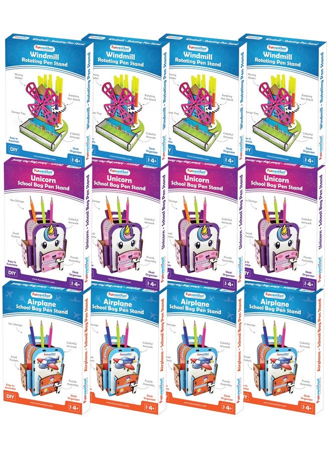 Funvention (Combo of 12) Windmill + Unicorn + Airplane DIY Pen Stand Desk Organizer Birthday Return Gifts for 4+ Years Kids 3D Puzzle Art and Craft - Image 1