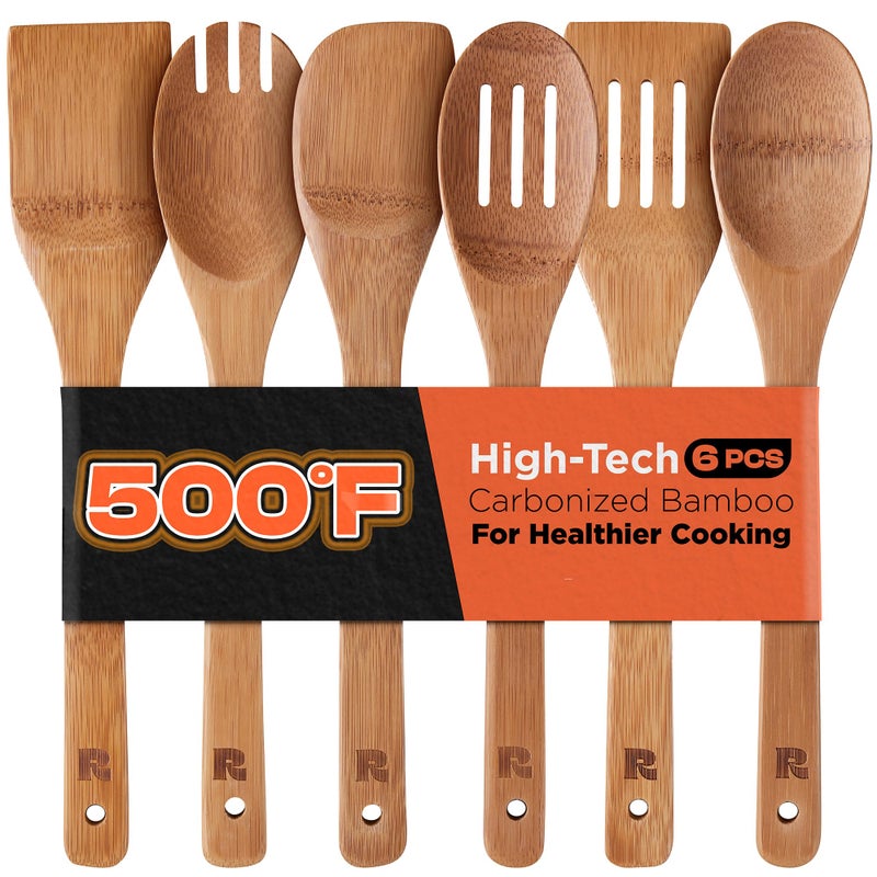 Riveira Dark Bamboo Wooden Spoons for Cooking 6Piece Apartment Essentials Wood Spatula Spoon Nonstick Kitchen Utensil Set Premium Quality Housewarming Gifts for Everyday Use