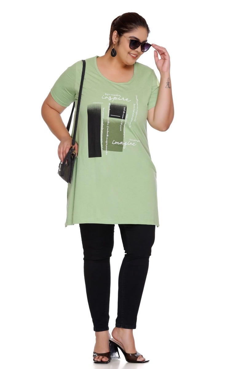 CUPID Regular Fit Plus Size Cotton Round Neck Half Sleeve T-Shirt, Plus Size Night, Sleep, Daily Use Gym n Lounge Wear Long Tops for Women_Green_5XL - Image 2
