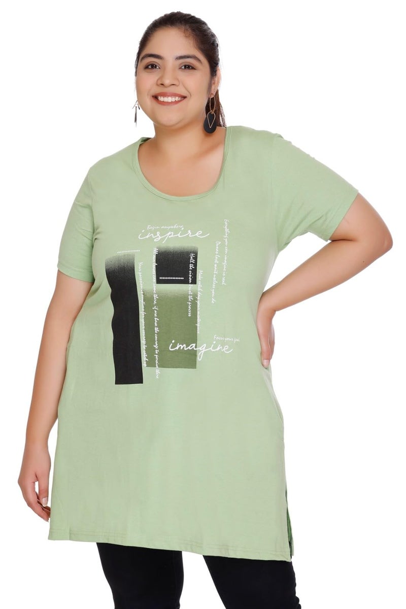 CUPID Regular Fit Plus Size Cotton Round Neck Half Sleeve T-Shirt, Plus Size Night, Sleep, Daily Use Gym n Lounge Wear Long Tops for Women_Green_5XL - Image 1
