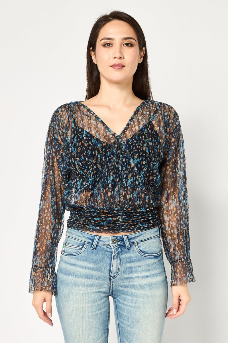 promod Women V Neck Long Sleeve Floral Print Blouse, Multicolor - Image 1