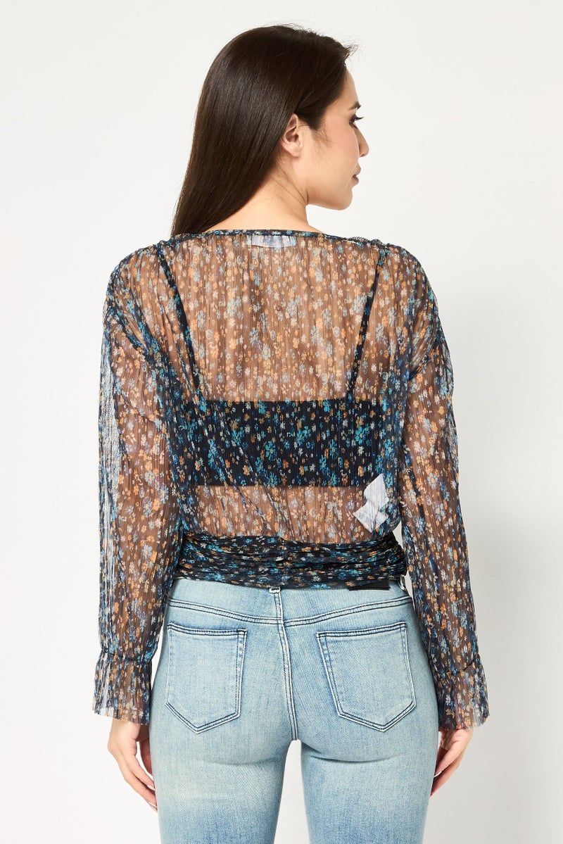 promod Women V Neck Long Sleeve Floral Print Blouse, Multicolor - Image 3