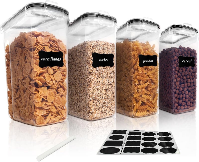 Vtopmart Cereal Storage Container Set, BPA Free Plastic Airtight Food Storage Container 135.2 fl oz for Snacks and Sugar, 4 pcs Cereal Dispensers with 24 Chalkboard Labels, Black - Image 1
