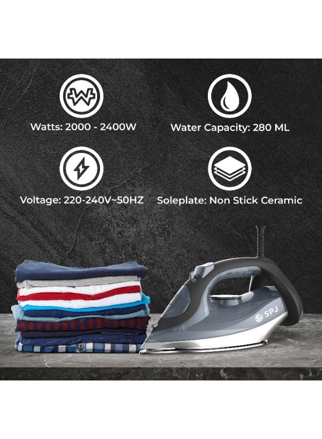 SPJ 2400W Steam Iron with 280ml Water Tank, Vertical Steam, Self-Clean, Anti-Drip & Overheat Protection – Grey - Image 5