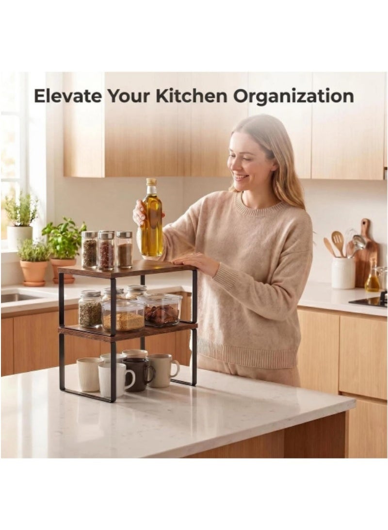 XICEN Cabinet Organizer Shelf, Set of 2 Kitchen Counter Shelves,Stackable Expandable Metal and Engineered Wood Cabinet Shelves, Storage Rack for Kitchen Office - Image 2