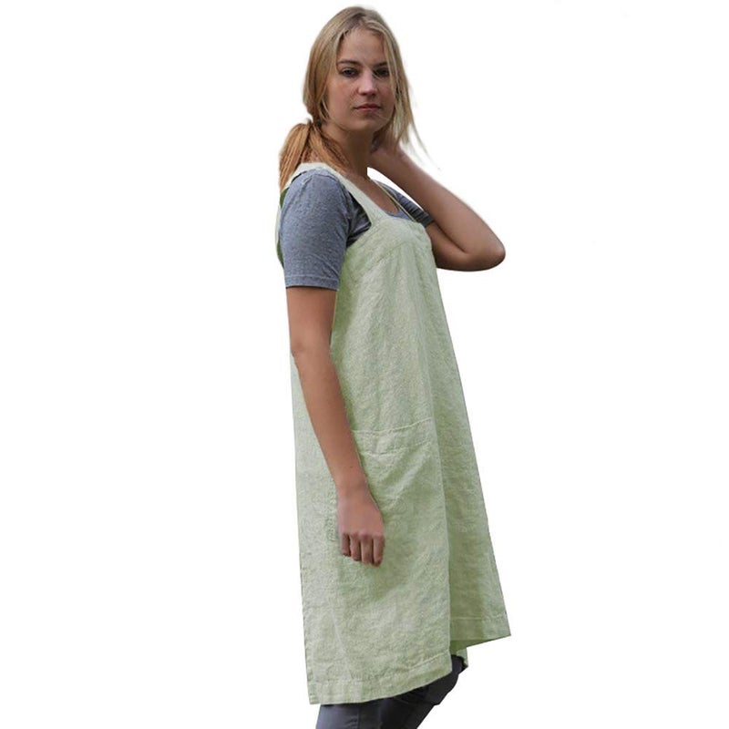 Larmliss Women 's Pinafore Square Apron Baking Cooking Gardening Works Cross Back Cotton/Linen Blend Dress with 2 Pockets Light Green-L - Image 4