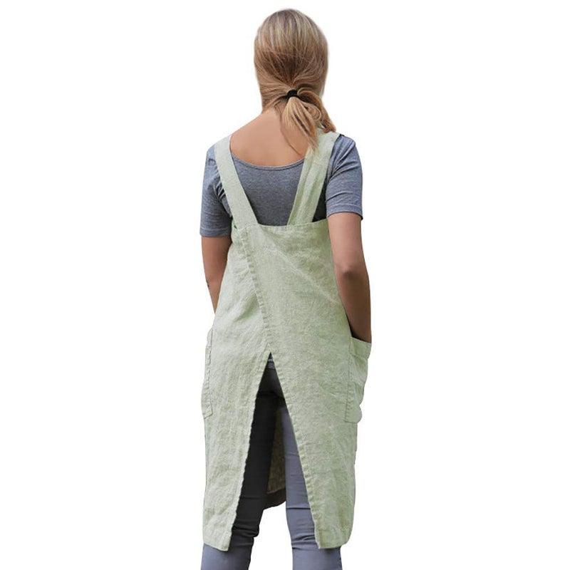 Larmliss Women 's Pinafore Square Apron Baking Cooking Gardening Works Cross Back Cotton/Linen Blend Dress with 2 Pockets Light Green-L - Image 5