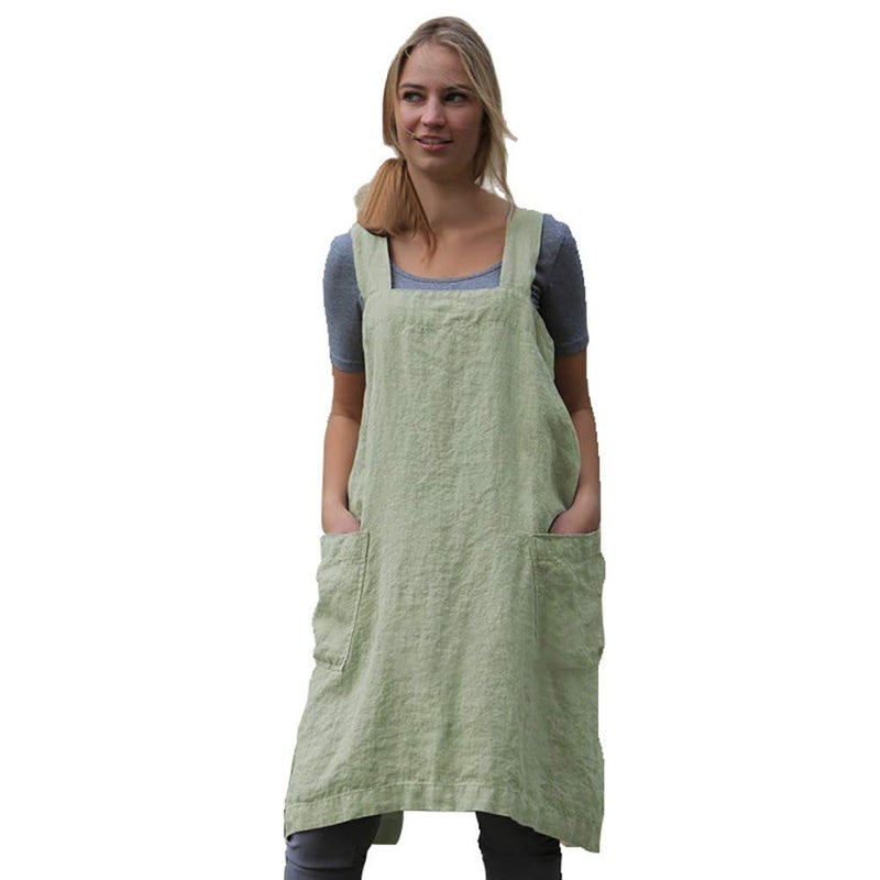 Larmliss Women 's Pinafore Square Apron Baking Cooking Gardening Works Cross Back Cotton/Linen Blend Dress with 2 Pockets Light Green-L - Image 1