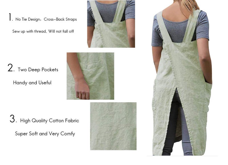 Larmliss Women 's Pinafore Square Apron Baking Cooking Gardening Works Cross Back Cotton/Linen Blend Dress with 2 Pockets Light Green-L - Image 3
