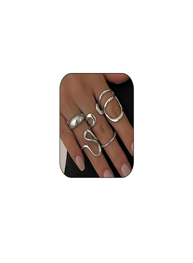 INENIMARTJ Chunky Silver Rings for Women Non Tarnish,14K Gold Plated Stacking Knuckle Rings Sets Vintage Stackable Finger Midi Ring Prom Jewelry Accessories (Silver 5) - Image 1