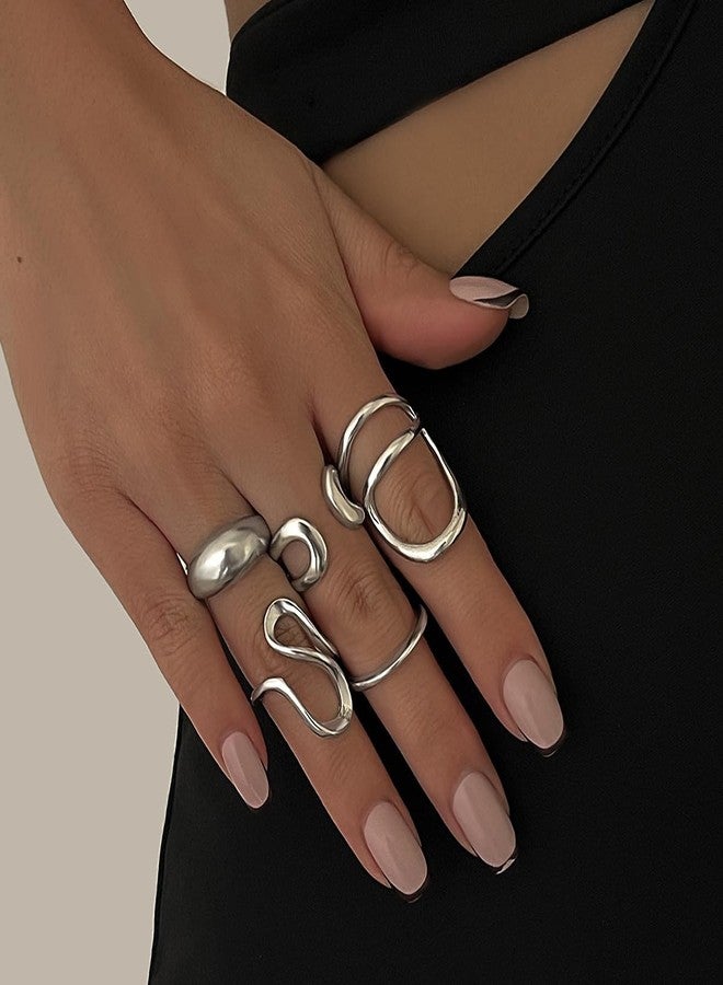 INENIMARTJ Chunky Silver Rings for Women Non Tarnish,14K Gold Plated Stacking Knuckle Rings Sets Vintage Stackable Finger Midi Ring Prom Jewelry Accessories (Silver 5) - Image 2