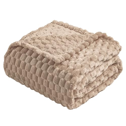 Vessia Flannel Fleece Throw Blanket50x70 inch 3D Jacquard Camel Fuzzy and Warm Blanket for CouchSofaBedChair 300GSM Super Soft Touch Cozy Lightweight Light Brown Throw For AllSeason Home Decor