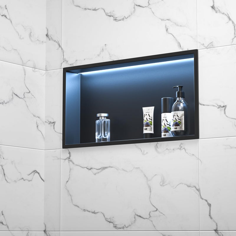 Bernkot Stainless Steel Led Shower Niche Matte Black 12 X 24 with RGB Dimmable Light No Tile Needed Shower Niche for Bathroom Storage Recessed Horizontal Wall Niches