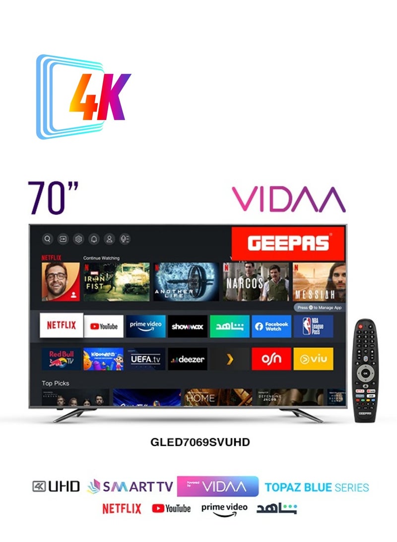 GEEPAS 70"VIDAA Professional 4K Ultra HD Smart TV with Smart Voice Control, Remote Control,HDMI and USB Ports,Licensed Contents and Pre-Installed Apps, Bluetooth Connectivity and Screen Sharing,Dolby - Image 1