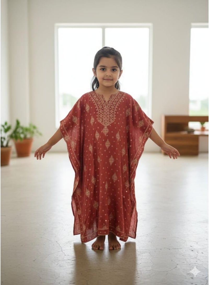 لـيـنـيـل Linelle Rust Red Printed Kids Jalabiya, Gold Motif Design with Kaftan Sleeves - Image 1