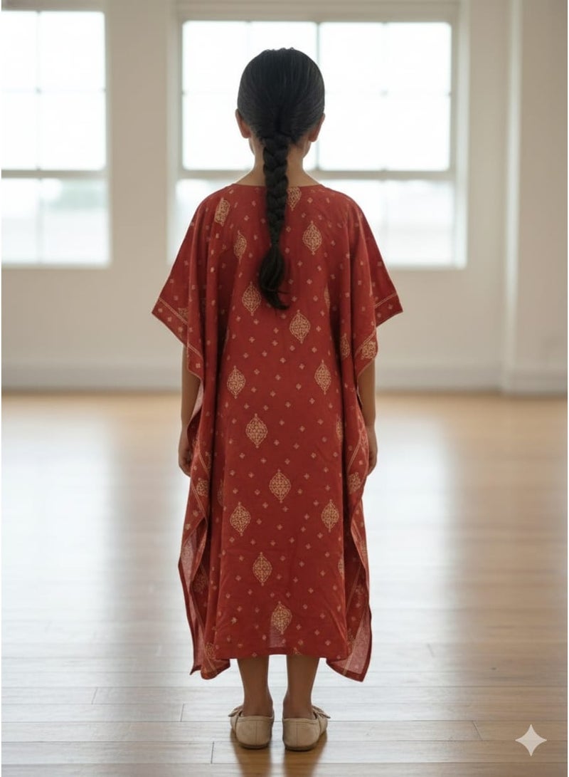 لـيـنـيـل Linelle Rust Red Printed Kids Jalabiya, Gold Motif Design with Kaftan Sleeves - Image 2