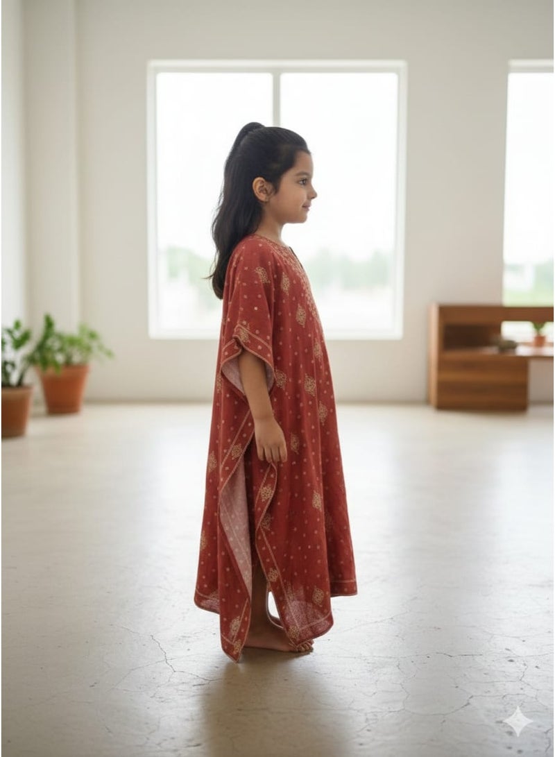 لـيـنـيـل Linelle Rust Red Printed Kids Jalabiya, Gold Motif Design with Kaftan Sleeves - Image 3