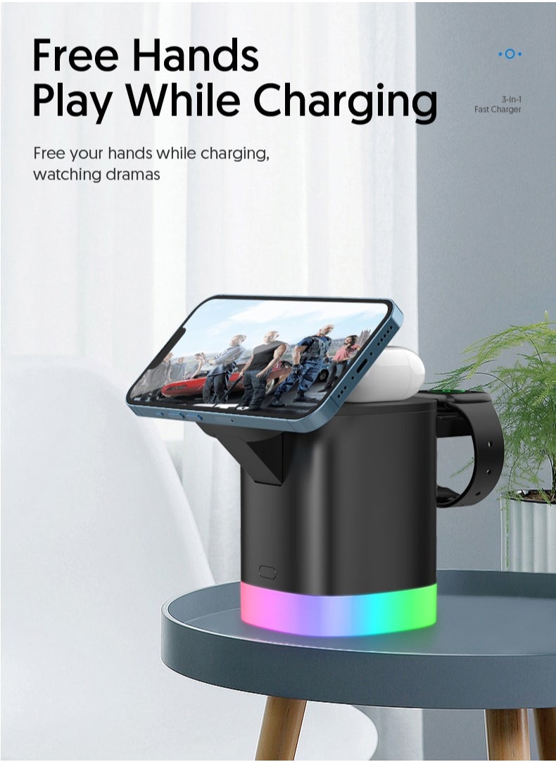 EVEREEN - 3-in-1 Magnetic Charging Dock With Foldable Stand And Night Illumination Non-Waterproof ABS Wireless Charger For iPhone 15/14/13/12 Pro/Max/Plus And Apple Watch Series 2-9 15W Fast Charging Power Compatible With Multiple Devices Powerful Magnet LED - Image 1