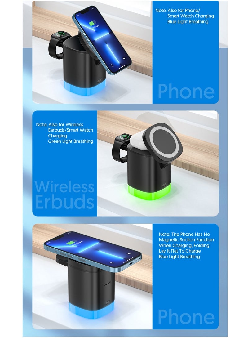 EVEREEN - 3-in-1 Magnetic Charging Dock With Foldable Stand And Night Illumination Non-Waterproof ABS Wireless Charger For iPhone 15/14/13/12 Pro/Max/Plus And Apple Watch Series 2-9 15W Fast Charging Power Compatible With Multiple Devices Powerful Magnet LED - Image 1