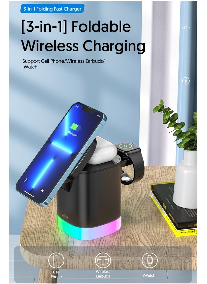 EVEREEN - 3-in-1 Magnetic Charging Dock With Foldable Stand And Night Illumination Non-Waterproof ABS Wireless Charger For iPhone 15/14/13/12 Pro/Max/Plus And Apple Watch Series 2-9 15W Fast Charging Power Compatible With Multiple Devices Powerful Magnet LED - Image 1