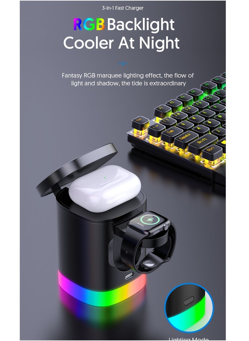 EVEREEN - 3-in-1 Magnetic Charging Dock With Foldable Stand And Night Illumination Non-Waterproof ABS Wireless Charger For iPhone 15/14/13/12 Pro/Max/Plus And Apple Watch Series 2-9 15W Fast Charging Power Compatible With Multiple Devices Powerful Magnet LED - Image 1