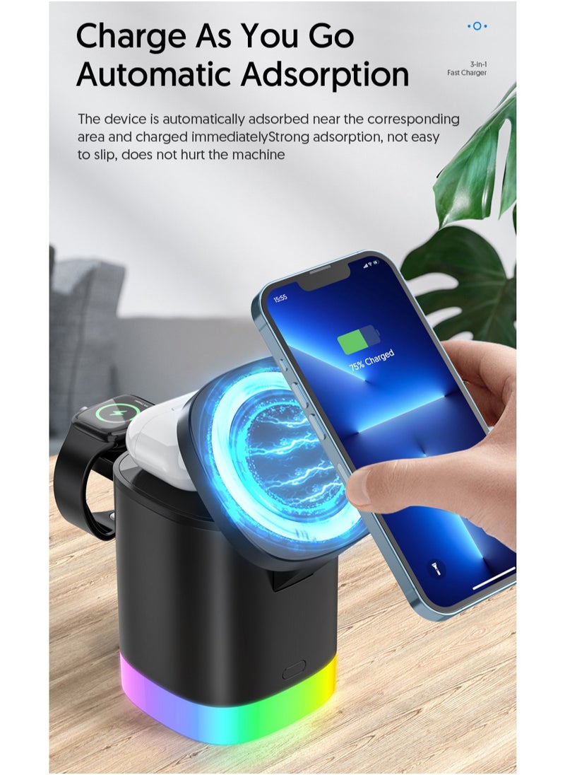 EVEREEN - 3-in-1 Magnetic Charging Dock With Foldable Stand And Night Illumination Non-Waterproof ABS Wireless Charger For iPhone 15/14/13/12 Pro/Max/Plus And Apple Watch Series 2-9 15W Fast Charging Power Compatible With Multiple Devices Powerful Magnet LED - Image 1