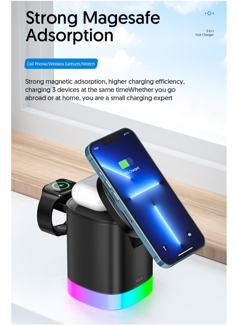 EVEREEN - 3-in-1 Magnetic Charging Dock With Foldable Stand And Night Illumination Non-Waterproof ABS Wireless Charger For iPhone 15/14/13/12 Pro/Max/Plus And Apple Watch Series 2-9 15W Fast Charging Power Compatible With Multiple Devices Powerful Magnet LED - Image 1